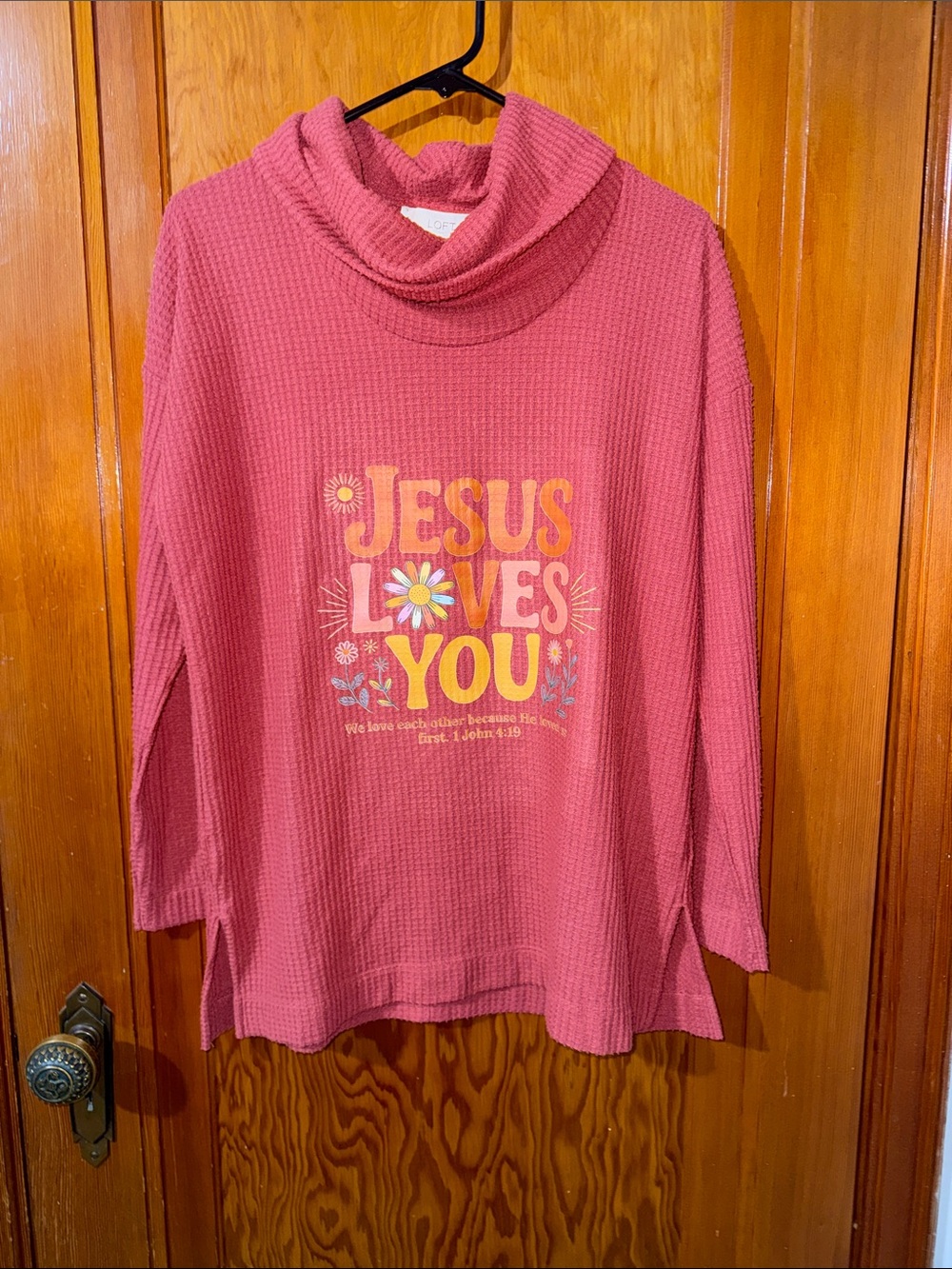 LOFT Cowl Neck Waffle Knit Sweater with Yellow Graphic